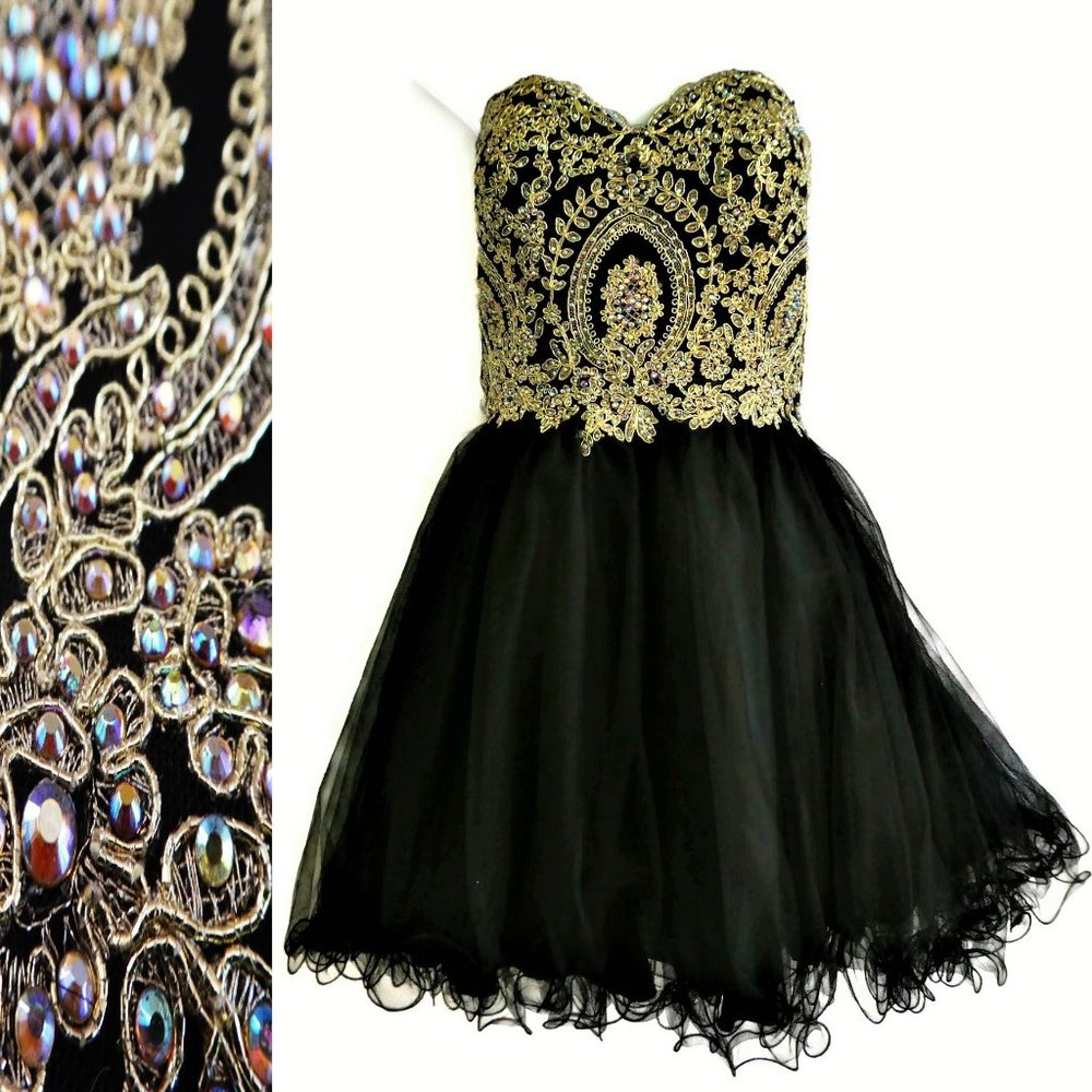 Black and Gold Tulle Dress by Dancing Queen USA Strapless Sweetheart Lace Up L